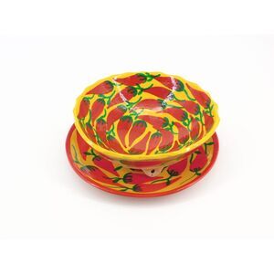 Hand Painted Pottery Bowl Plate Set Red Chili Peppers